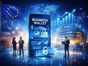 Smartphone gigante con la scritta business wallet, con intorno delle persone d'affari, simboli aziendali e la bandiera UE.