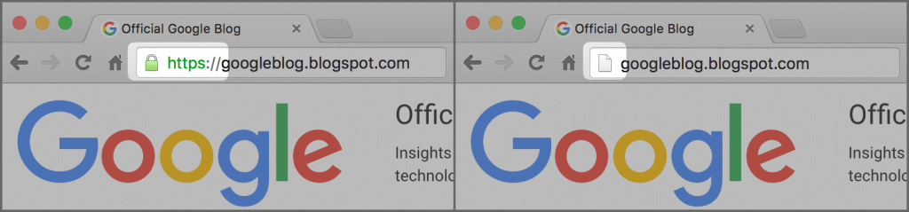 Due screenshoto affiancati di Google, prima e dopo l'adozione di https per Blogspot.